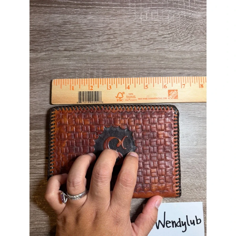 Leather Wallet or Planner Tooled Basketweave Monogram S Brown